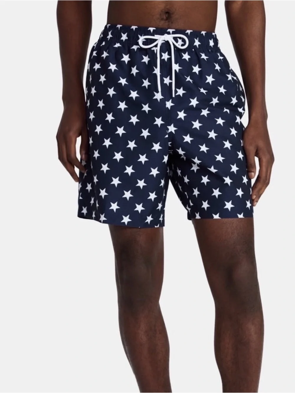 Men's Navy Star-Print Swim Trunks with White Drawstring